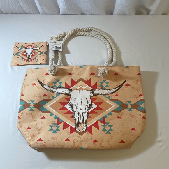 Southwestern Bag/Wallet Pouch Weekender-Travel Gym Aztec Cow Skull Tote Zippered - Picture 1 of 4